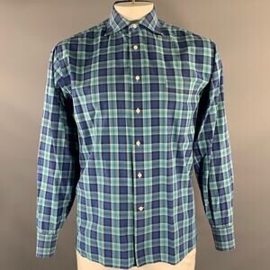 LORENZI Size XL Turquoise Blue Plaid Long Sleeve Shirt